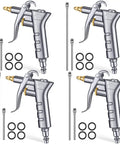 Industrial Air Blow Gun Kit With 4 Brass Adjustable Nozzles And 8 Steel Extensions, shown with four gray guns and accessories.