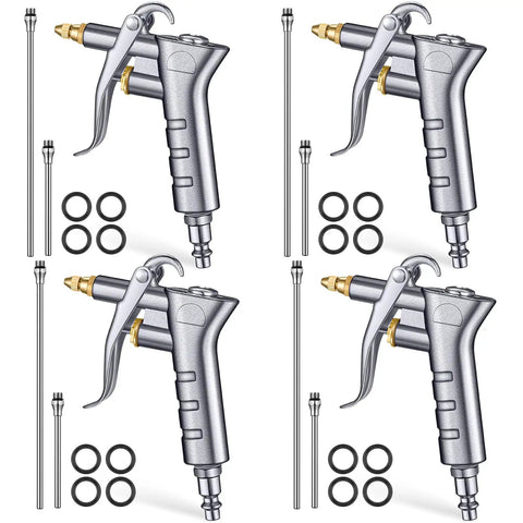 Industrial Air Blow Gun Kit With 4 Brass Adjustable Nozzles And 8 Steel Extensions, shown with four gray guns and accessories.
