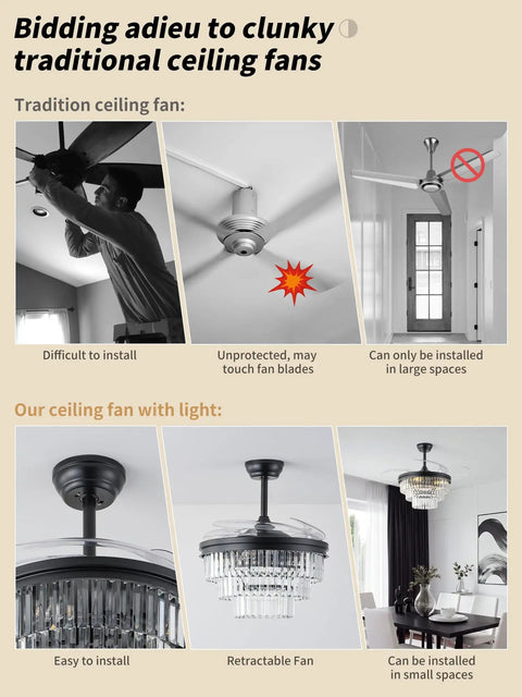 Comparison of traditional ceiling fan and SYDACG 42" Black Crystal Fandelier Ceiling Fans with Lights for modern elegance.