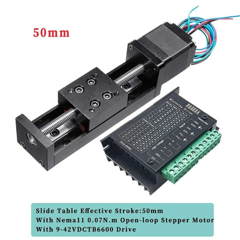 Amp Up Your CNC Rig With This Badass Smooth T Type Sliding Table Rail Packed With A Nema11 28mm Stepper Motor And TB6600 Driver To Master XYZ Axis Builds Choose 50mm To 300mm Strokes For Flexibility And Less Wiring Mess With Smooth Reliable Action. 50mm slide table rail with Nema11 stepper motor and TB6600 driver for CNC XYZ axis