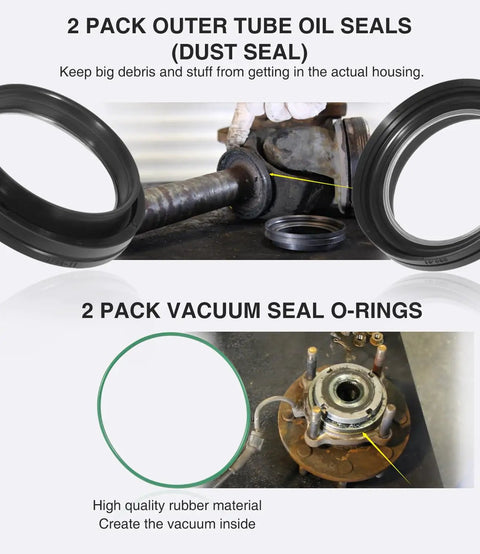 All In One Front Axle Seal Kit For Dana 50/60 Front Axle On Ford Super Duty showing dust seals and vacuum seal o-rings