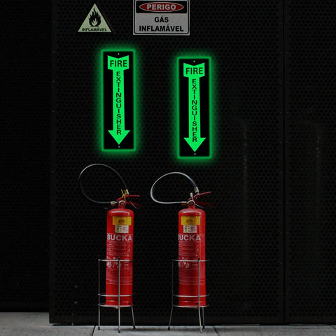 Set Of Four Heavy Duty Glow In The Dark Fire Extinguisher Signs 4X12 Waterproof Aluminum Safety Marker With Super Bright Luminous Coating Built Tough To Outlast Everyday Wear And Tear Indoors Or Outdoors
