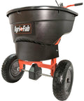 Push Broadcast Spreader 130 Lb Hopper Capacity Easy To Use Direct Rod Control 10 To 12 Ft Spread Width 13 Inch Pneumatic Tires
