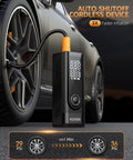 Portable Tire Inflator Air Compressor With Digital Pressure Gauge, 180 PSI, shown inflating a car tire with dual display
