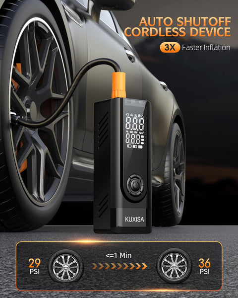 Portable Tire Inflator Air Compressor With Digital Pressure Gauge, 180 PSI, shown inflating a car tire with dual display