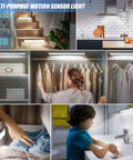 Rechargeable 90 LED Closet Lights With Motion Sensor And Remote in use in kitchen, wardrobe, and various home settings