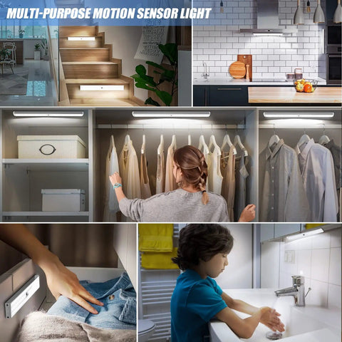 Rechargeable 90 LED Closet Lights With Motion Sensor And Remote in use in kitchen, wardrobe, and various home settings