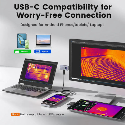 Thermal Camera For Android Smartphones With 512x384 TISR Resolution And 40mK Sensitivity 25Hz Frame Rate Ideal For Home And Automotive Leak Detection Electrical Faults And Temperature Accuracy showing USB-C connection on laptops and phone