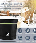 Backflow Preventer No Fuss Insulation Cover 24 Inch By 24 Inch Pouch Winter Freeze Protection in black, installed outdoors in snow.