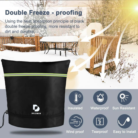 Backflow Preventer No Fuss Insulation Cover 24 Inch By 24 Inch Pouch Winter Freeze Protection in black, installed outdoors in snow.