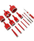 Mingzhe Brazed Hole Saw Kit For Ceramic And Glass. Durable Dry Wet Drill Bits With High Speed Rotation. 12pc red set with sizes shown.