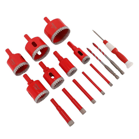 Mingzhe Brazed Hole Saw Kit For Ceramic And Glass. Durable Dry Wet Drill Bits With High Speed Rotation. 12pc red set with sizes shown.