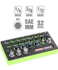 All In One Allen Socket Set 26 Piece For SAE And Metric Sizes in organized EVA tray with size markings and rust-resistant finish.