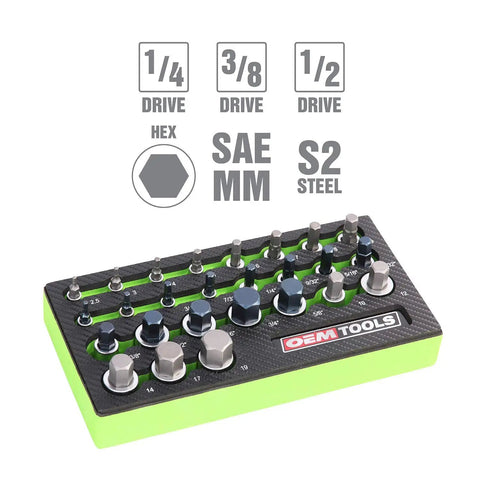 All In One Allen Socket Set 26 Piece For SAE And Metric Sizes in organized EVA tray with size markings and rust-resistant finish.