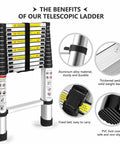 Heavy Duty 12.5 Foot Telescoping Aluminum Ladder With Extendable Reach For Home And Outdoor Projects Retractable Extension Ladder With Dual Lock Safety Buttons And 330 Pound Load Capacity For Everyday Use, showcasing features like aluminum alloy material and PVC feet.