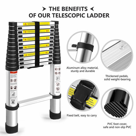 Heavy Duty 12.5 Foot Telescoping Aluminum Ladder With Extendable Reach For Home And Outdoor Projects Retractable Extension Ladder With Dual Lock Safety Buttons And 330 Pound Load Capacity For Everyday Use, showcasing features like aluminum alloy material and PVC feet.
