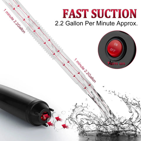 Battery operated electric liquid transfer pump showing fast suction, 2.2 gallon per minute flow, and on/off switch.