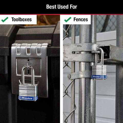 Two Pack Laminated Steel Padlocks With Keys Keyed Alike For Indoor Outdoor Security Ideal For Gates Fences Sheds Workshops Garages Storage Lockers And Tool Boxes Durable Hardened Shackle installed on toolbox and fence