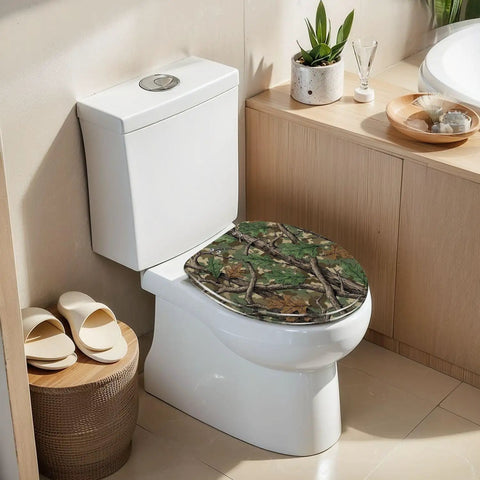 Elongated Resin Toilet Seat for Bathroom with a camouflage design on an elongated toilet, enhancing the bathroom decor.