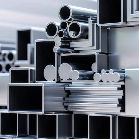 316L stainless steel bars and tubes with brushed finish; assorted rectangular, square, and round sections