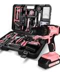 Pink 120 Piece Home Tool Kit With 20V Cordless Drill Driver In Plastic Toolbox For Women DIY Set Perfect For Office Garden And Everyday Home Projects Built For Quick Fixes And Simple Makeovers shown open with tools inside and drill beside it.
