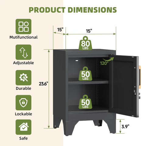 Tough As Nails Cold Rolled Steel Locker Nightstand With Secure Key Lock And Heavy Duty Build For Bedroom Dorm Room Storage Or Home Office Organization Table dimensions graphic showing 23.6" height x 15" width x 15" depth.