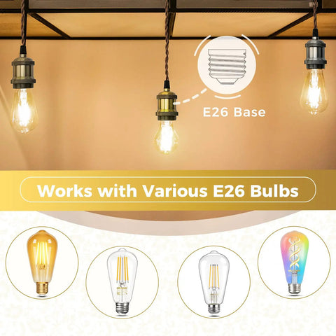 E26 Vintage Lamp Socket for Edison Pendant Lights, Old School Industrial Hanging Lamp Holder shown with various E26 bulbs.