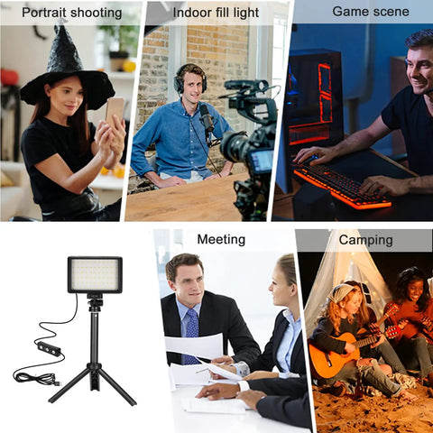 Two Pack USB LED Video Lights 5600K Dimmable with Mini Tripods for Photo Studio and Video Recording at various settings display