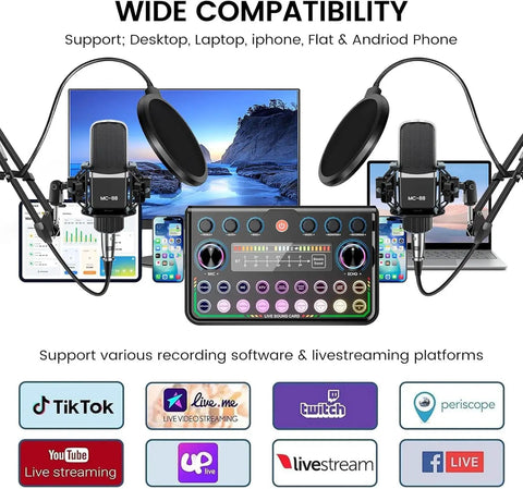 Upgraded Dual Mic Podcast Kit Bundle With Denoise And 10 Built In Effects Plus 4 Custom Sound Pads set with laptops and devices