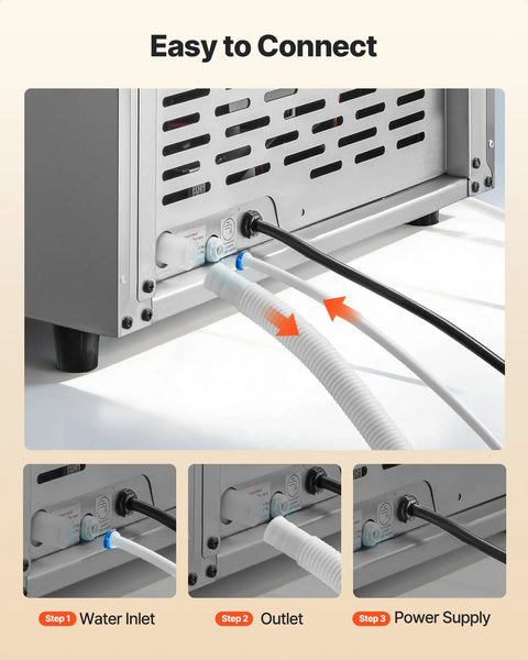 Easy connections shown for Top Notch Commercial Ice Maker Cranking Out 120 Lbs Daily With Slick Under Counter Design.