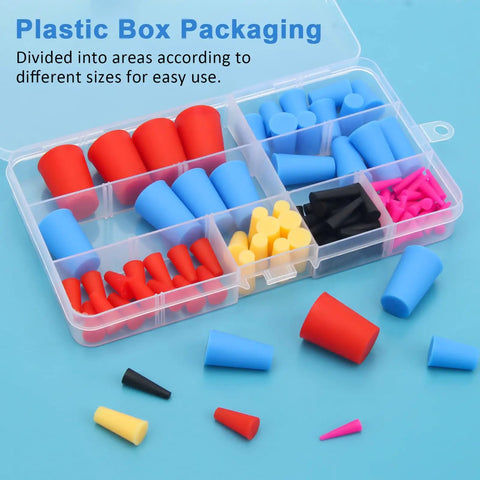 Pro Grade Heavy Duty All Purpose High Temp Silicone Rubber Tapered Plugs Kit 110 Piece Set in plastic box with 8 sizes