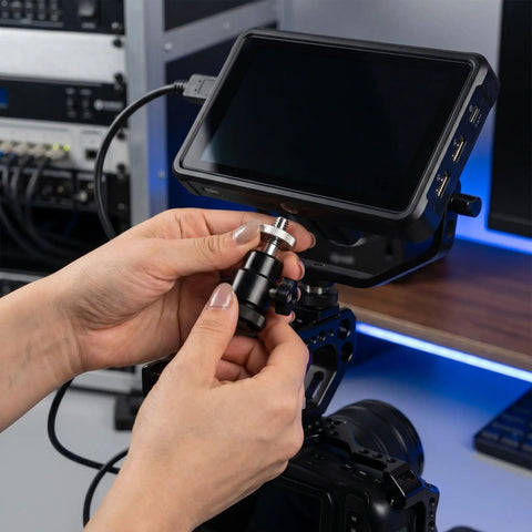 Person attaching Dope Camera Mount Screw Kit For Your Rig with quarter inch to three eighths inch screws to a camera monitor