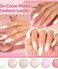 Gel Nail Polish Set Six Pink Nude Shades With Highly Pigmented Color Soak Off UV LED Formula in manicure display with pink tones