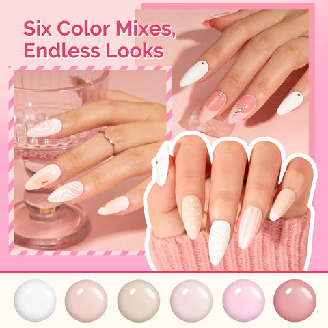 Gel Nail Polish Set Six Pink Nude Shades With Highly Pigmented Color Soak Off UV LED Formula in manicure display with pink tones