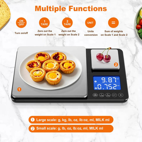 Dual Platform Kitchen Scale Pro Grade 33 Lb Large Scale And 1.1 Lb Mini Scale for baking and cooking with digital display and pastries