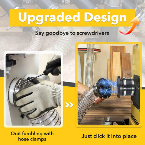 Magnetic dust-collection adapters for 4in and 2.5in hoses; metal quick-connect fittings with clamps