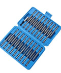 Get That 36 Piece Extra Long Screwdriver Bit Set With Torx Star Hex Spline Heads And Magnetic Tips Stored In A Thick PP Toolbox For Your Garage Or Road Rigs Without The Hassle. blue PP case with 36 chrome vanadium 75mm magnetic screwdriver bits