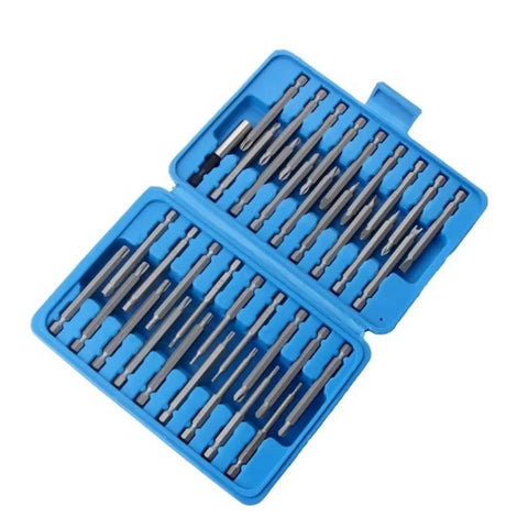 Get That 36 Piece Extra Long Screwdriver Bit Set With Torx Star Hex Spline Heads And Magnetic Tips Stored In A Thick PP Toolbox For Your Garage Or Road Rigs Without The Hassle. blue PP case with 36 chrome vanadium 75mm magnetic screwdriver bits