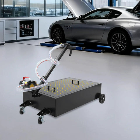 Heavy Duty 20 Gallon Oil Drain Pan With Pump For Garage Shop, Ultra Fast Flow Rate Steel Oil Collector Cart in workshop.