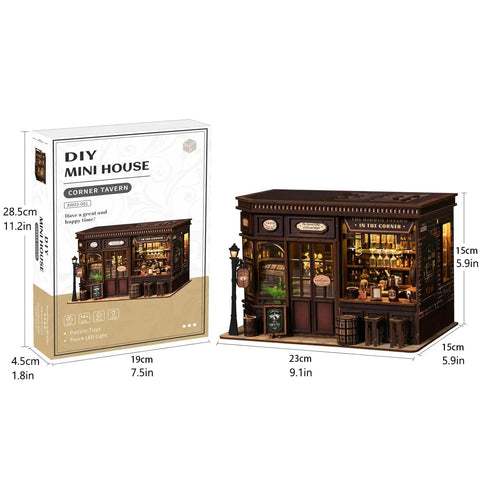 Cozy Corner Tavern Book Nook Kit With LED Lights For Adults DIY Miniature Dollhouse Puzzle In 3D Wood Craft in box and assembled
