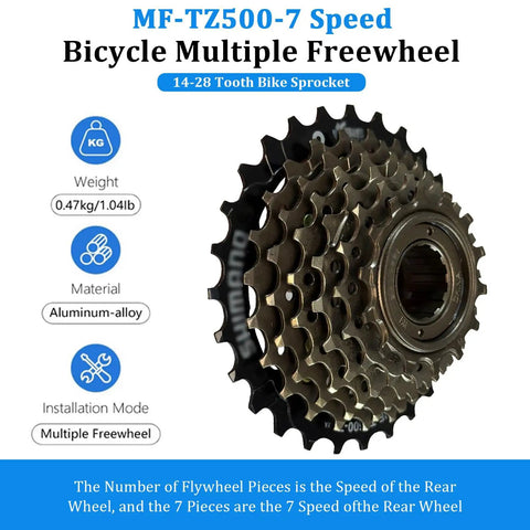 7 Speed Bicycle Freewheel TZ500 Screw On 14-28T for urban commuter and city bike shown with aluminum alloy construction.