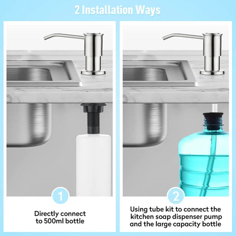 Two installation methods for Built In Kitchen Sink Soap Dispenser With 39 Inch Extension Tube, stainless pump, brushed nickel.