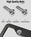 Close-up of screws and carbon fiber pattern from Carbon Fiber Pattern License Plate Frames 2 Pack Black Aluminum Front And Rear Car Tag Holder Heavy Duty Brackets With Mount Hardware Screws Caps And Rattle Proof Pads.