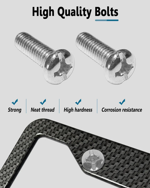 Close-up of screws and carbon fiber pattern from Carbon Fiber Pattern License Plate Frames 2 Pack Black Aluminum Front And Rear Car Tag Holder Heavy Duty Brackets With Mount Hardware Screws Caps And Rattle Proof Pads.
