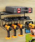 Heavy Duty Wall Mount Power Tool Organizer Kit With Drill Holder And Shelves, Two Pack Black, Garage Storage Rack Attached