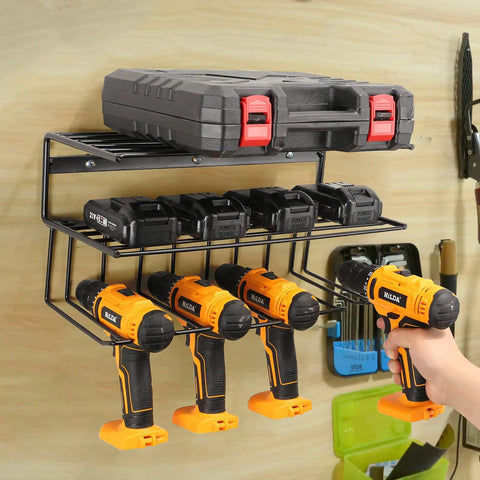Heavy Duty Wall Mount Power Tool Organizer Kit With Drill Holder And Shelves, Two Pack Black, Garage Storage Rack Attached