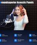 48 Pack Heavy Duty Soundproof Foam Acoustic Panels 12 X 12 Inch Wall Tiles For Podcast Setup with a woman adjusting headphones.