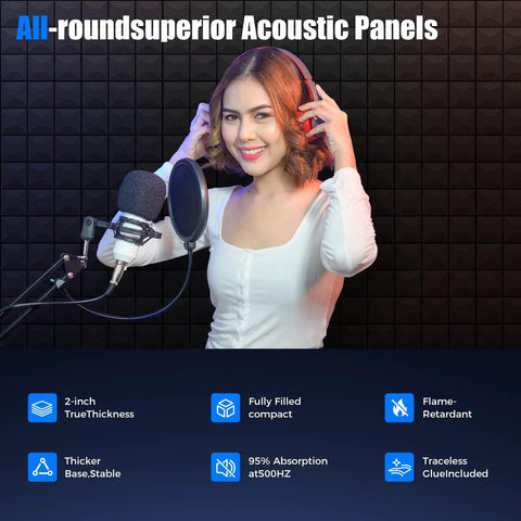 48 Pack Heavy Duty Soundproof Foam Acoustic Panels 12 X 12 Inch Wall Tiles For Podcast Setup with a woman adjusting headphones.