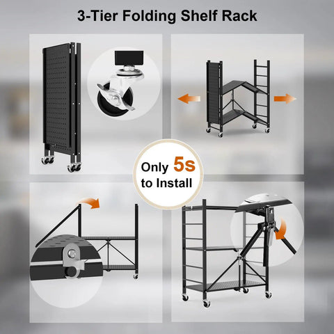 Four steps to set up 3 Tier Foldable Metal Storage Shelves With 6 Hooks And Wheels, Rolling Cart Organizer for Pantry and Kitchen.