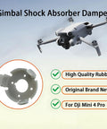Replacement Rubber Gimbal Shock Absorbers For DJI Mini 4 Pro Drone with highlighted absorber features and drone image in flight